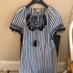 Crown & Ivy sheath dress blue white stripes tassels embroidery 100% cotton 10